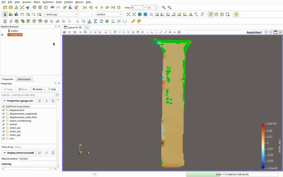 ParaView with the exported .vtu open: the pipeline browser shows gauge.vtu, the properties panel lists displacement, strain, correlation, solved and both reliability arrays, and the strain field is drawn on the specimen with unmeasured points left as visible holes.
