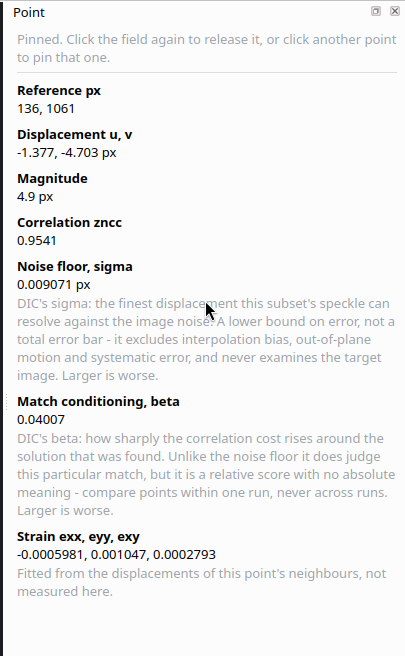 The point readout panel showing reference pixel, displacement, magnitude, correlation, noise floor sigma, match conditioning beta and fitted strain, each with a sentence saying what it cannot tell you.