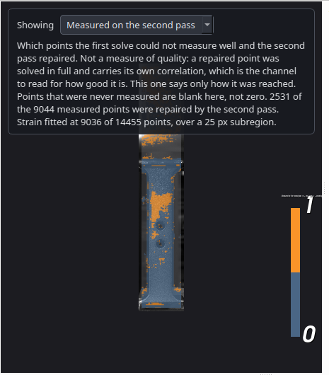 The repair map on a real dogbone specimen: most of the field is slate blue for points measured on the first solve, with orange patches around the two holes, along the edges and in a band across the gauge length where the second pass repaired them. The colour bar has exactly two blocks, labelled 0 and 1.