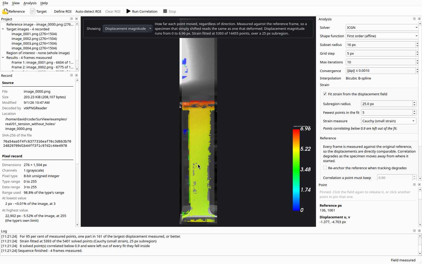 The SurView DIC workspace: a speckled tension specimen with a measured displacement field over it, the image record on the left, correlation settings on the right, and a per-point readout beneath them.