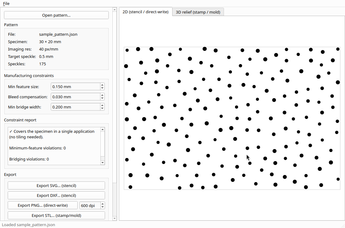 The PatternFab window: a 175-speckle pattern over a 30 by 20 mm specimen, manufacturing constraints on the left with a constraint report reading no tiling needed and zero violations, and export buttons for SVG, DXF, PNG and STL.